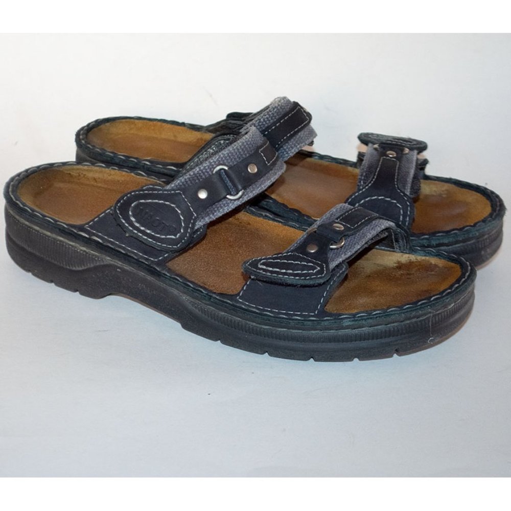 Naot Sandals Black Leather & Canvas Slides Slip On